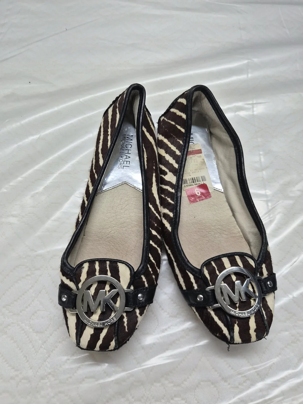 Michael Kors Zebra-Print Brown and Cream Ballet Flats with MK Logo